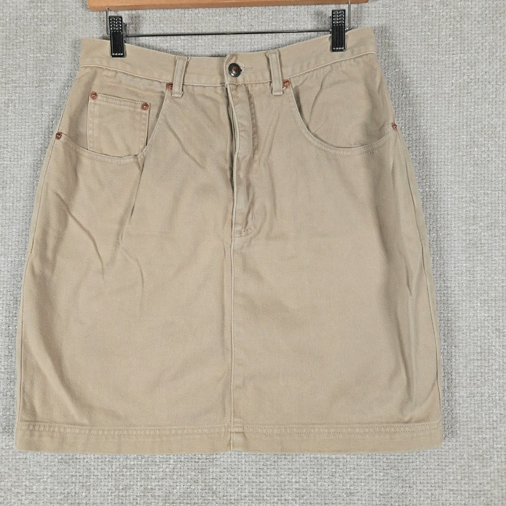 Merona Womens Khaki Tan Cotton Denim Skirt Size 12 Casual 5-Pocket Mini 28 Waist